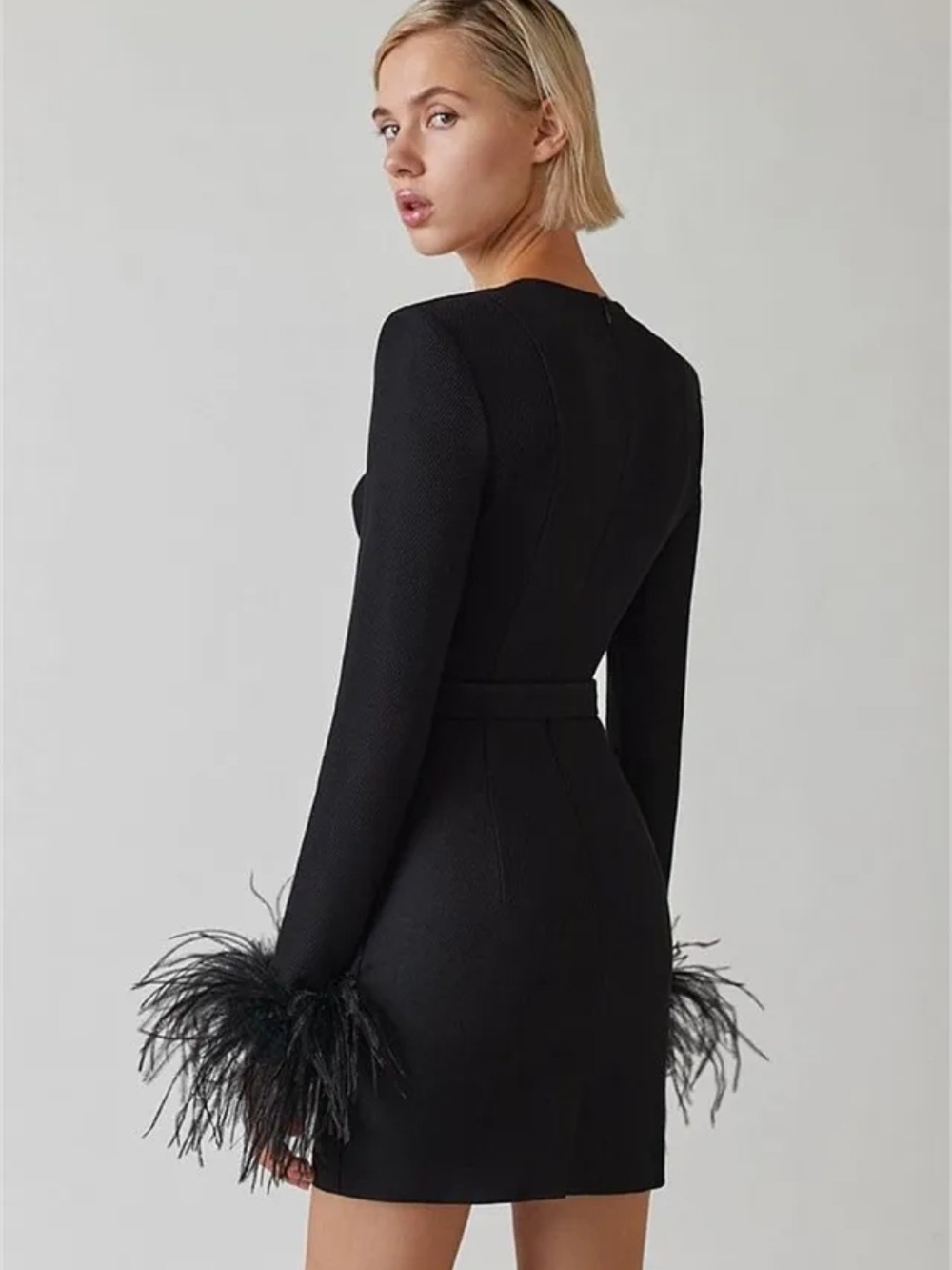 Black Feather-Cuff Long Sleeve Mini Dress - Picture 2 of 2
